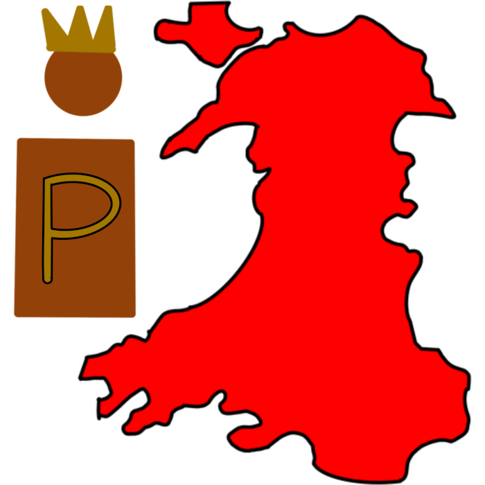 A drawing of Wales with a very simple orange person next to it. They have a crown on their head and a gold P on their chest. Wales is colored in bright red.